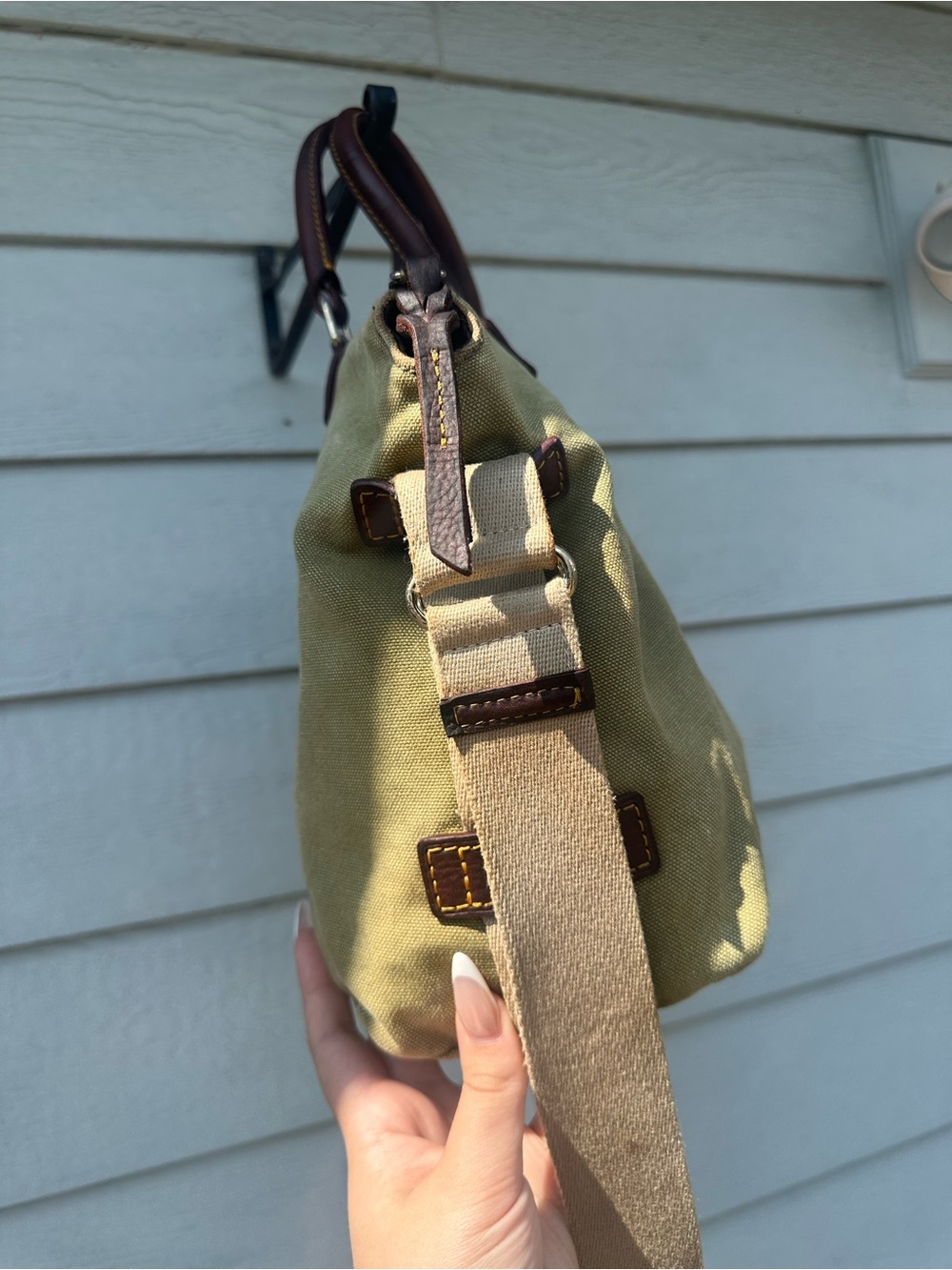 Dooney & Bourke Olive Canvas Duffel with Brown Leather Trim - Picture 4 of 15